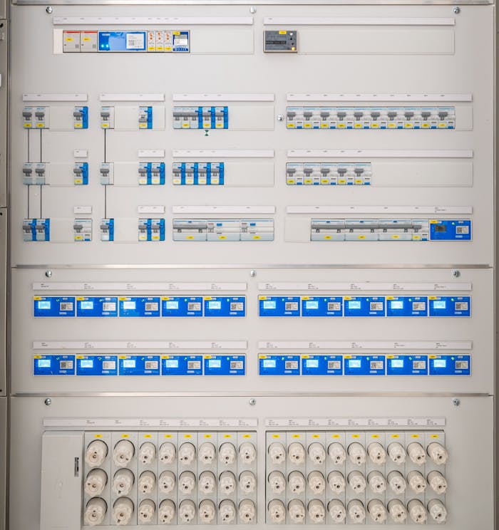 Detailed view of a modern electrical panel featuring circuit breakers and sockets for efficient energy distribution.